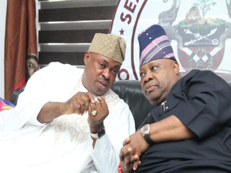 *  Osun state governor, Senator Ademola Adeleke (R) and the Speaker, Osun Assembly, Rt. Hon. Timothy Owoeye (L).
