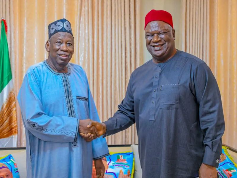 Senator Anyim Pius Anyim (right) with the APC National Chairman, Dr Ibrahim Ganduje (left).