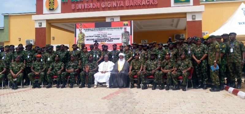 Participating Commanding Officers in a group picture with the Chief of Army Staff (COAS), Sultan of Sokoto and Governor Aminu Waziri Tambuwal on Tuesday in Giginya Barracks, Sokoto. Photo By: Ankeli Emmanuel.