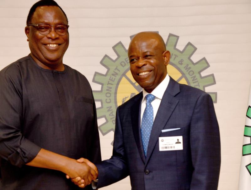 Executive Secretary Nigerian Content Development and Monitoring Board (NCDMB), Engr. Felix Omatsola Ogbe and Deputy Managing Director, Chevron Nigeria Limited, Mr. Cosmas Iwueze after the visit of Chevron officials to the Nigerian Content Tower, Yenagoa, Bayelsa State on Friday.