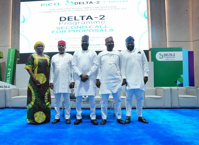 L-R: Chairman/CEO, Nigerians in Diaspora Commission (NiDCOM), Dr. Abike Dabiri-Erewa; Minister of Innovation, Science and Technology, Chief Uche Geoffrey Nnaji; Executive Vice Chairman/CEO of NASENI, Mr. Khalil Suleiman Halilu; Chairman, Presidential Implementation Committee on Technology Transfer (PICTT), Dr. Dahiru Mohammed; and Special Assistant to the President on Trade and Investment, Mr. John Ugochukwu Uwajumogu during the launch of Delta-2  Projects Second Call for Proposals held at the NASENI Headquarters, Abuja on Thursday, September 11, 2025.