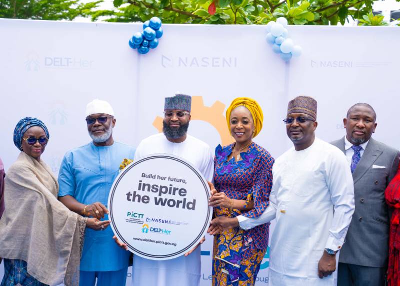 L-R: Permanent Secretary, Ministry of Women Affairs, Mrs. Maryam Chira Keshinro; Chairman, Senate Committee on NASENI, Sen. Francis Ezenwa Onyewuchi; EVC/CEO of NASENI, Mr. Khalil Suleiman Halilu; Mandate Secretary, Women Affairs Secretariat, FCTA, Dr. Adedayo Benjamins- Laniyi; Chairman of Presidential Implementation Committee on Technology Transfer, Dr. Mohammed Dahiru; and Executive Director, North and Public Sector, Fidelity Bank, Mr. Sufiyani Garba at the launch of DELT-Her proposal portal for female engineers at NASENI Headquarters, Abuja on Monday May 19, 2025.