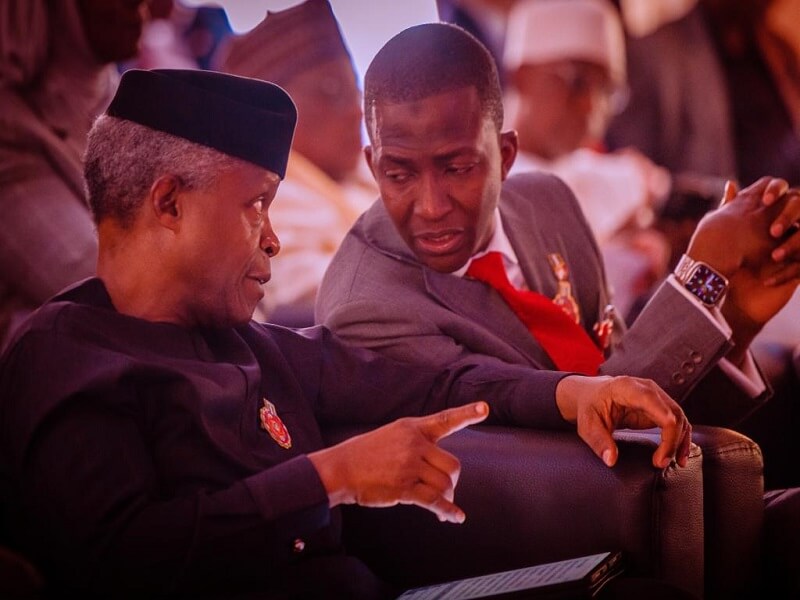 *  Vice President of Nigeria, Professor Yemi Osinbajo and Mr Abdulrasheed Bawa, Chairman, Economic and Financial Crime Commission (EFCC) during the event on Tuesday at Model Senior Secondary School, Maitama, Abuja.