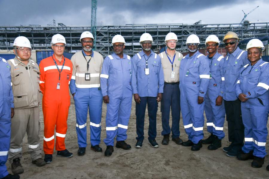 Managing Director, Nigeria Liquefied Natural Gas (NLNG),  Dr. Philip Mshelbila and Executive Secretary, Nigerian Content Development and Monitoring Board, Engr. Simbi Kesiye Wabote with senior management of NLNG after inspecting the ongoing Train-7 project at Finima, Bonny Island, Rivers State on Friday as part of the 3-day Nigerian Content Stakeholders Retreat.