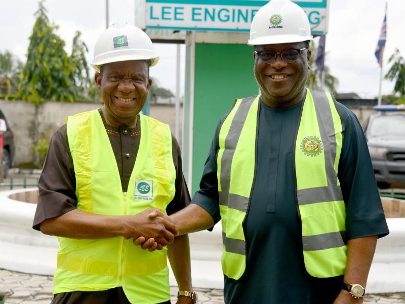Engr. Felix Omatsola Ogbe, Executive Secretary, Nigerian Content Development and Monitoring Board, NCDMB (right) with Chief (Dr) Lemon Ikpea, Chairman and Chief Executive Officer of Lee Engineering and Construction Company (left), after the NCDMB boss visited Lee Engineering and Construction Company Limited, Warri, Delta State on Friday.