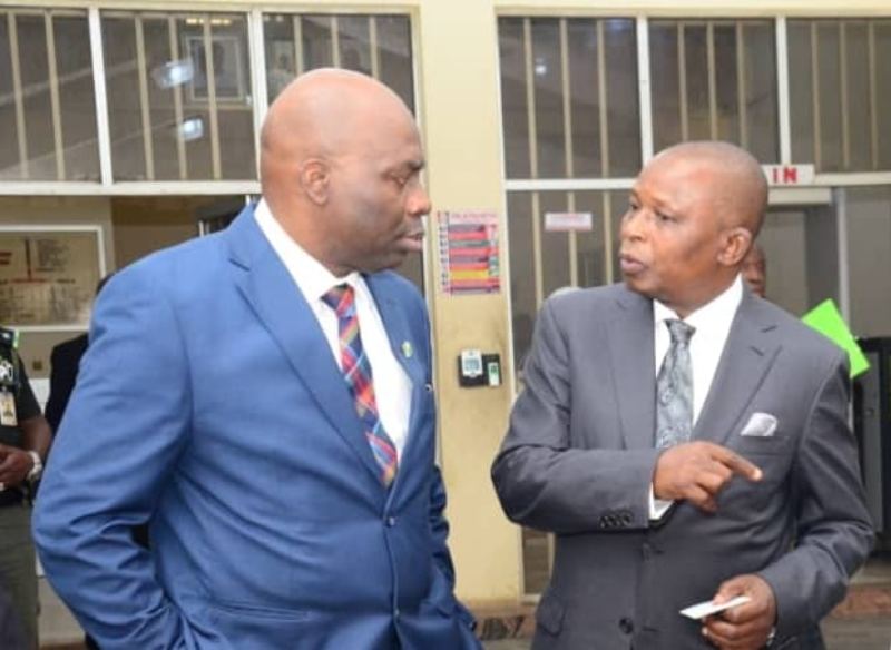 *  ICPC Chairman, Professor Bolaji Owasanoye, SAN (left) and Nigeria's Attorney General of the Federation, Prince Lateef Fagbemi, SAN, discussing after the sensitization workshop at the ICPC headquarters, Abuja, on Tuesday.
