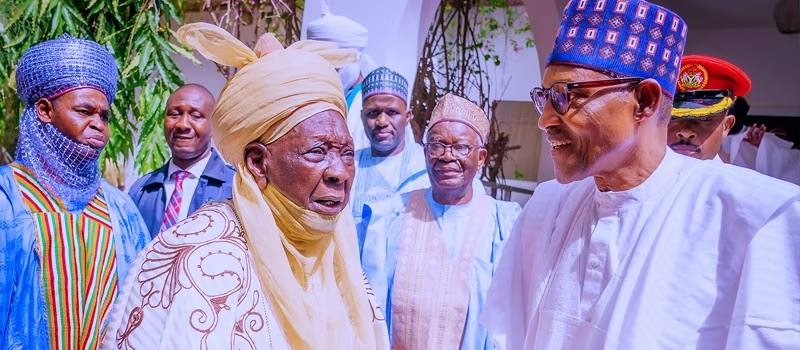 Buhari being welcomed home on Monday by the Emir of Daura