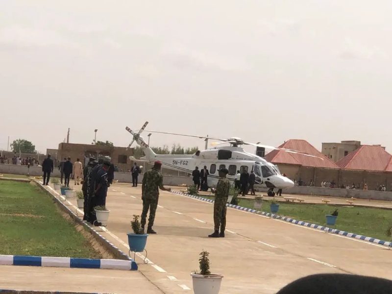 Picture of ex-president Muhammadu Buhari being taken in an helicopter to his town Daura from Katsina Airport shortly after handover power to President Bola Ahmed Tinubu in Abuja on Monday, May 29.