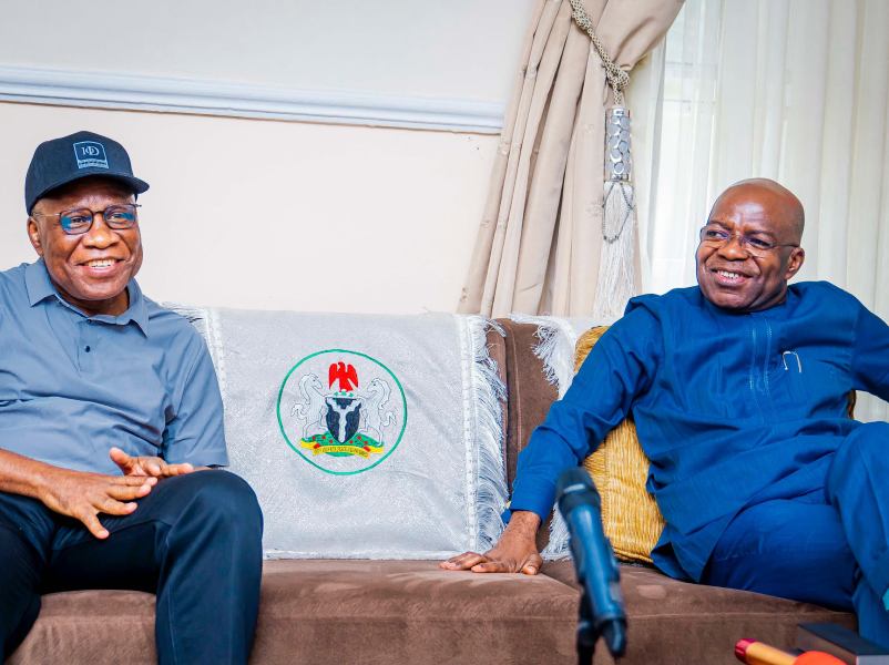 Governor Alex Otti (right) and Engr. Abubakar Momoh during the latter's visit.