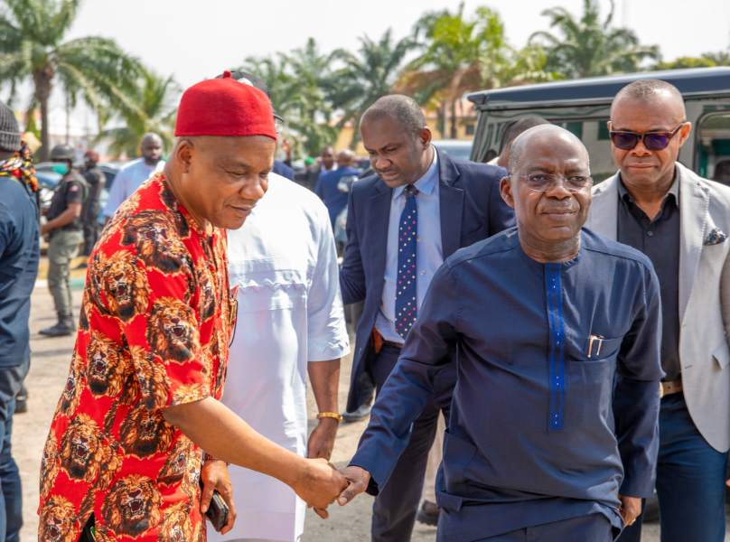 Governor Alex Otti (right) received on arrival at the event by the Secretary to the State Government, Prof Kenneth Kalu.