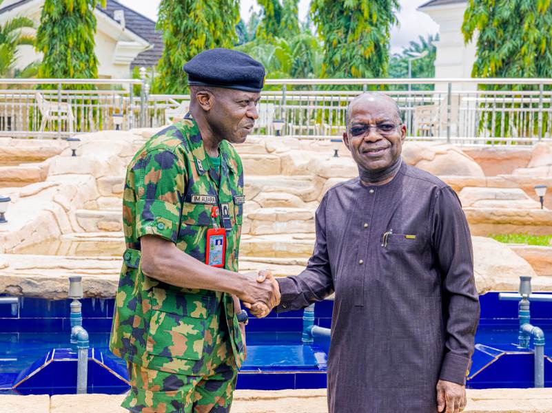 Governor Alex Otti (right) and Rear Admiral Ignatius Albara (left), the Flag Officer Commanding, Naval Training Command, Lagos, during the meeting. 