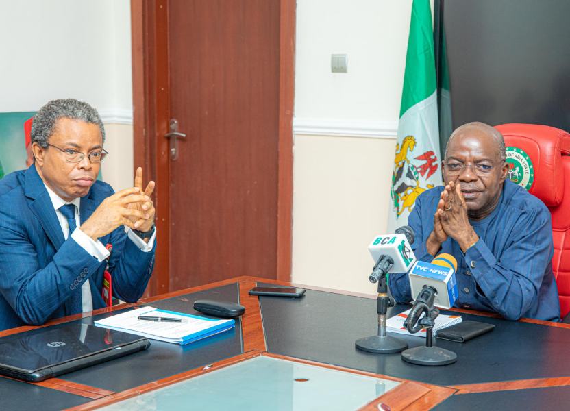 Governor Otti (right) and Sir Wabara (left) during their meeting.