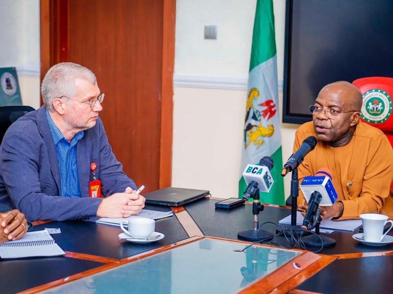 Governor Otti speaking during the meeting with UN Habitat, West Africa Portfolio Manager, Matthias Spaliviero.