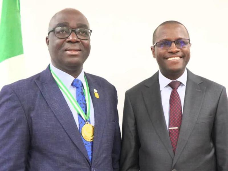 ICPC Chairman, Dr Musa Adamu Aliyu, SAN (right) and the President of CITN, Mr. Samuel Agbeluyi (left) during the CITN President's visit to the ICPC headquarters on Monday 
