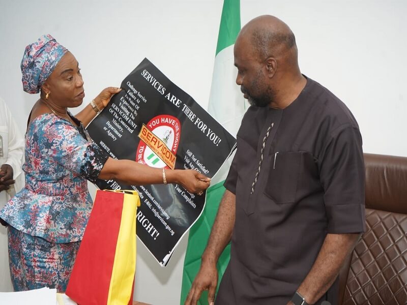 *  Left: Mrs. Nnenna Akajimeli, National Coordinator/CEO SERVICOM and ICPC Chairman, Prof. Bolaji Owasanoye (R) when the SERVICOM Compact Team visited ICPC headquarters in Abuja on Thursday, August 4, 2022.