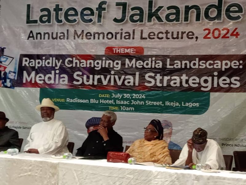 L-R: Sam Amuka Pemu (Publisher of Vanguard Newspapers), Nduka Obaigbena (THISDAY Newspaper & ARISE NEWS TV Chairman), General Ike Nwachukwu (retd), Lateef Jakande's Wife and Mallam Ali M. Ali (Managing Director, News Agency of Nigeria, NAN) at the Jakande Memorial Lecture at Radisson Blu Hotel, Ikeja,.Lagos on Tuesday, July 30, 2024.