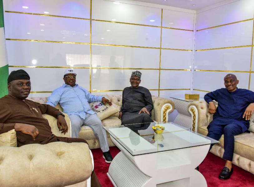 L-R: Retired Col. Agbu Kefas (Governor of Taraba State); Engr Dave Nweze Umahi (Minister of Works); Alhaji Aliko Dangote (Billionaire industrialist and President, Dangote Group) and Hon. Ndudi Elumelu, when they visited Umahi in his office in Abuja.