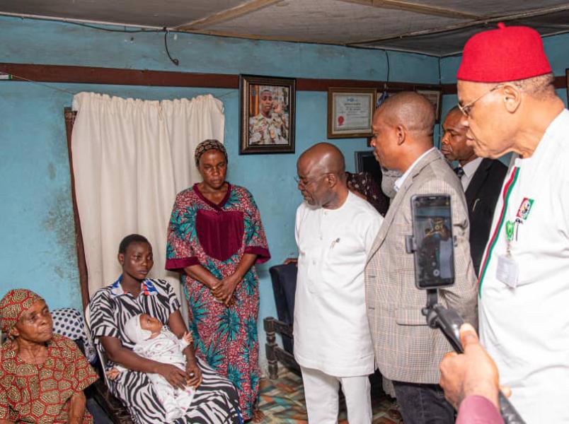 Governor Otti was accompanied on the visit to the family of the slain soldier by Hon Obi Aguocha, member representing Ikwuano-Umuahia Federal Constituency (right); and Hon. Dannie Ubani, Labour Party candidate for Isialangwa South State Constituency in the 2023 election.