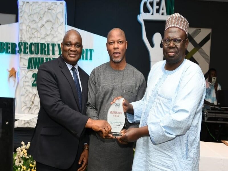  *  L-R: Mr Reuben Muoka, Director of Public Affairs, NCC; Dr Wale Adeagbo, Chief Operating Officer, Halogen Group and Dr Alhassan Haru, Director of New Media and Information Security, NCC, during the presentation of 2022 CyberSecurity Award for Best Public Sector Organization to NCC at the maiden CyberSecurity Merit Awards 2022 organized by CyberSecurity Experts Association of Nigeria in Lagos at the weekend.