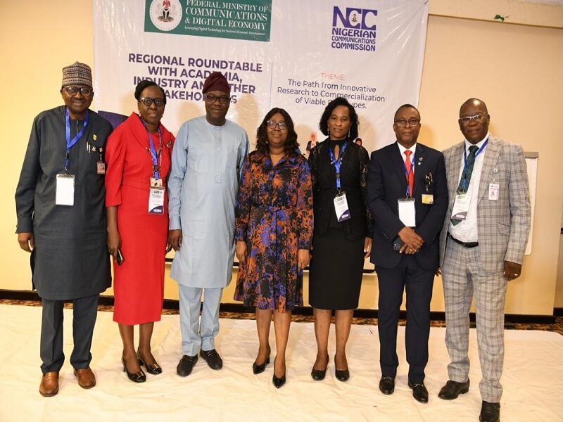 *  L-R: Prof. Kayode Adebowale, Vice Chancellor, University of Ibadan; Prof. Bola Oboh, Deputy Vice Chancellor, Academics & Research, University of Lagos; Prof. Adeolu Akande, Board Chairman, Nigerian Communications Commission (NCC); Ms. Josephine Amuwa, Director, Legal and Regulatory Services, NCC; Prof. Adenike Oladeji, Vice Chancellor, Federal University of Technology, Akure; Prof. Owunari Gengewill, Vice Chancellor, University of Port Harcourt; and Prof. Kolawole Ajanaku, Director, Research, Covenant University, during a two-day Regional Roundtable with the Academia, Industry and other Stakeholders by the NCC which commenced in Lagos on Wednesday, August 3, 2022.  