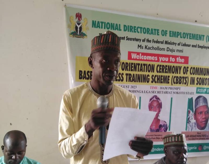 *  Sokoto State Coordinator of NDE, Ibrahim Faisal Audu presenting keynote address on behalf of the DG, Malam Abubakar Nuhu Fipko in Sokoto during the flag off of CBBTS