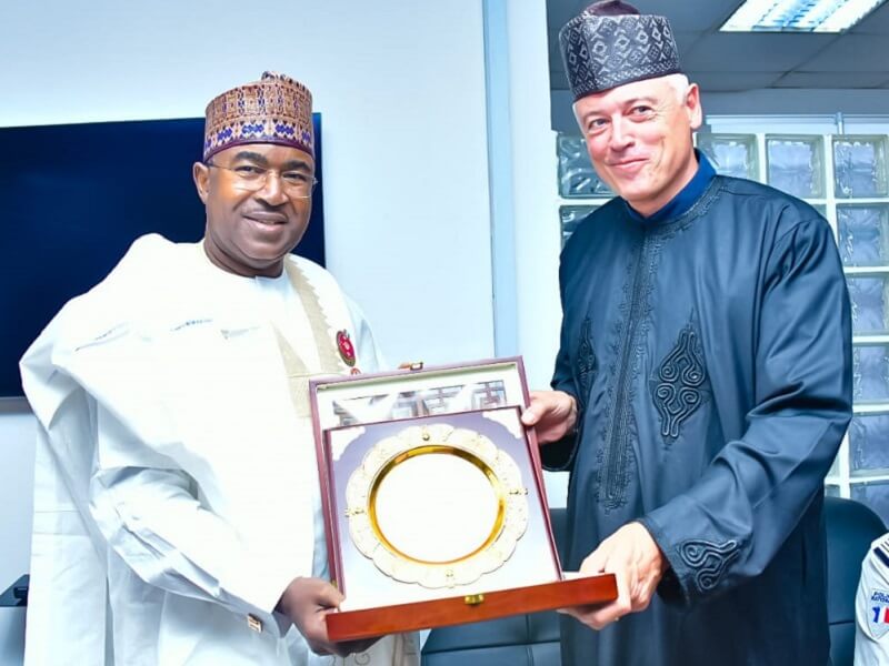  *  L-R:  Chairman/Chief Executive Officer of the NDLEA, Brig. Gen. Mohamed Buba Marwa (retd), receiving the Police Attaché at the France Embassy in Abuja, Emmanuel Verin, and his team of French VIP Trainers. 
