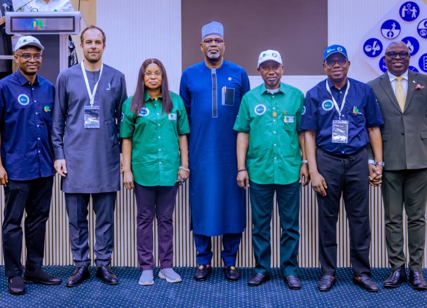 L-R: Executive Vice President, Gas, Power & New Energy, Mr. Olalekan Ogunleye; Chairman of the Oil Producers Trade Section (OPTS) and MD of TotalEnergies Upstream Companies in Nigeria, Matthieu Bouyer; Permanent Secretary, Ministry of Petroleum Resources, Mrs. Patience Oyekunle; Board Chairman, NNPC Ltd, Engr. Ahmadu Musa-Kida; Minister of State for Petroleum Resources (Gas), Rt. Hon. Ekperikpe Ekpo; GCEO NNPC Ltd, Engr. Bashir Bayo Ojulari and Chairman of the Independent Petroleum Producers Group (IPPG) and CEO of Aradel Holdings, Mr. Adegbite Falade during the Official Launch of the NNPC Gas Master Plan 2026 in Abuja, on Friday.