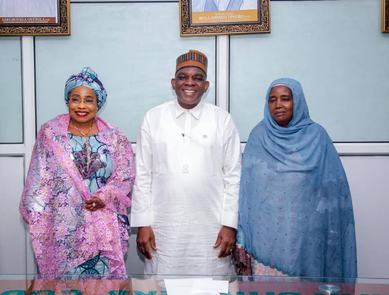 The Executive Secretary/CEO, Nigerian Shippers' Council(NSC), Dr. Pius Akutah(middle); Director- General, National Agency for the Prohibition of Trafficking in Persons(NAPTIP), Hajia Binta Adamu Bello, and a Board of Trustees( BoT) member, MMS WoFHoF Initiative, an NGO, during a  visit to the Council in Abuja last week.