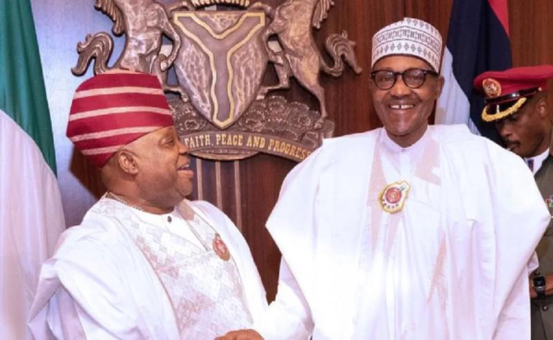  *  L-R: Senator Ademola Adeleke, Osun State Governor and President Muhammadu Buhari.
