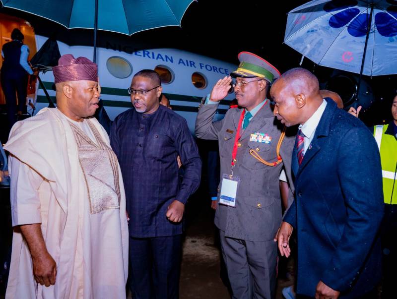 Senate President, Godswill Akpabio, on his arrival at the Namibian International Airport in Windhoek.