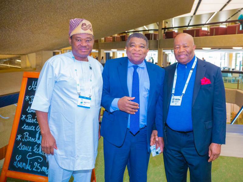 Nigeria's Senate President, Godswill Akpabio (right), Senator Jimoh Ibrahim (left) and the Secretary General of the IPU, in Geneva, Switzerland.