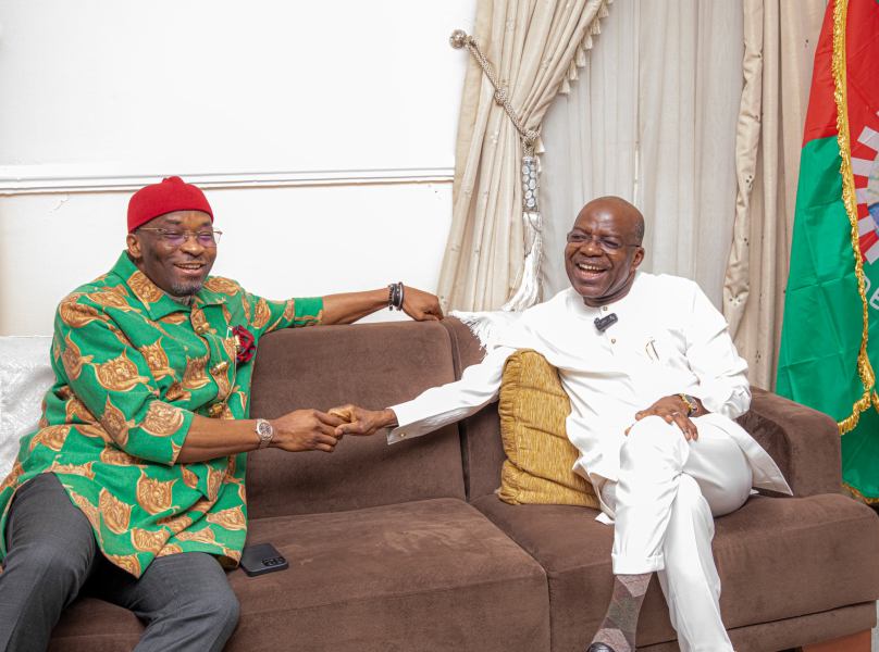 The Deputy Speaker of the Federal House of Representatives, Rt. Hon. Benjamin Kalu (left) and Abia State Governor, Dr. Alex Otti during the Deputy Speaker's visit on Friday.