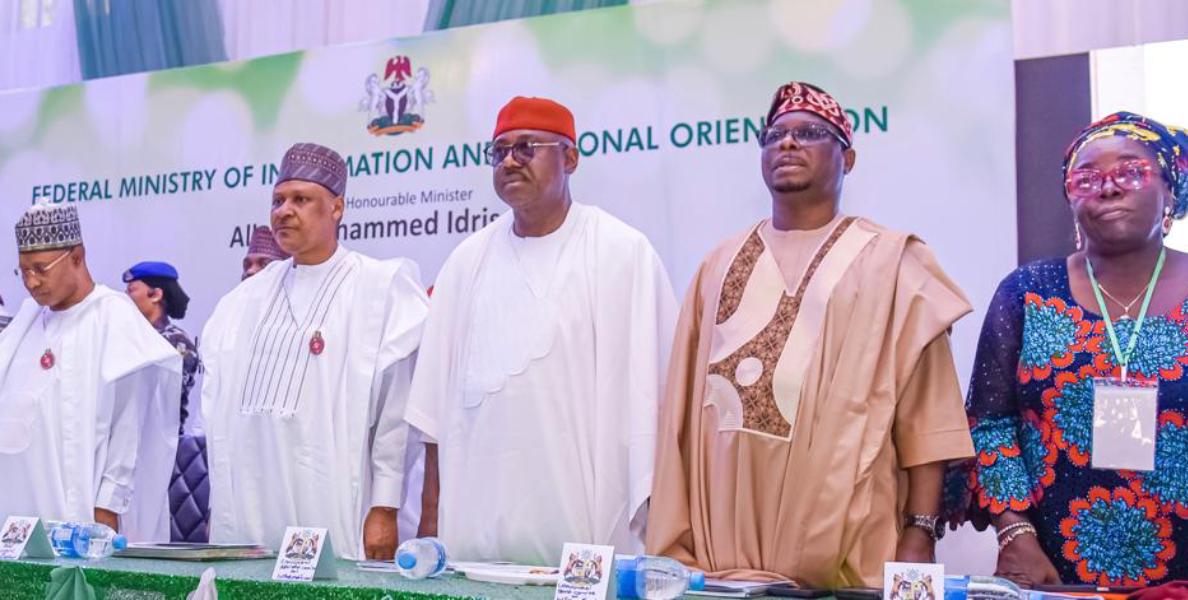 Kaduna State Governor, Senator Uba Sani; Minister of Information and National Orientation, Mohammed Idris; Chairman, Senate Committee on Information and National Orientation, Senator Kenneth Eze; Chairman House Committee on Information, National Orientation, Ethics, and Values, Hon. Olusola Steve Fatoba and the Director overseeing the office of the Permanent Secretary, Federal Ministry of Information and National Orientation, Mrs. Comfort Ajiboye at the 48th National Council of Information and National Orientation in Kaduna on Friday (pic: FMINO).