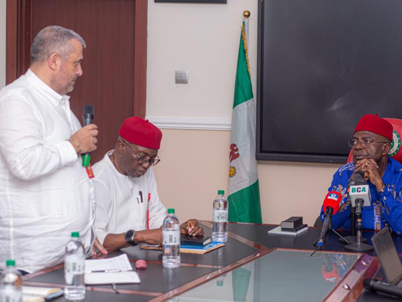 Governor Otti listens while the Managing Director of Alliance Enterprises, Engr. Melham Farah, briefs him on the details of the organic fertiliser production. Seated is Professor Placid Njoku, former Deputy Governor of Imo State, who led the team to the Governor.