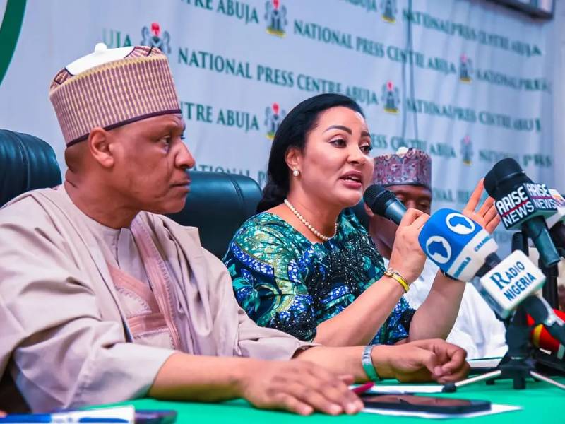 Minister of Trade and Investment, Mrs Doris Uzoka-Anite (middle) and Minister of Information and National Orientation, Alhaji Mohammed Idris (left), during the on-going ministerial briefing series on the State of the Nation held on Friday at the National Press Centre, Abuja.