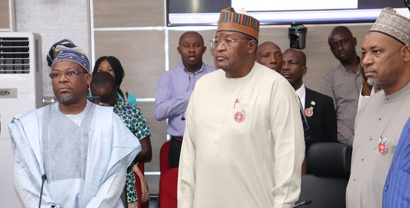 * L-R:  Jon. Olusegun Gbeleyi, Board Chairman, Digital Bridge Institute; Prof. Umar Danbatta, Executive Vice Chairman, Nigerian Communications Commission; and Prof. Sahalu Junaidu, Chief Research Adviser to Minister of Communications and Digital Economy during a visit to Governor of Oyo State.