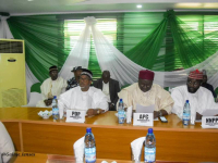  *  Pictures of the gubernatorial candidates including governor Bala Muhammed of PDP, during the peace accord meeting at the Force Headquarters in Bauchi State on Friday. 