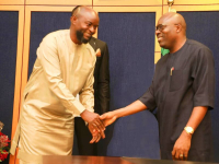Governor Simi Fubara of Rivers State (right).and Findi George, Super Eagles Head Coach (left).