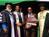 *  L-R: Vice Chancellor, Imo State University (IMSU), Prof. Uchefula Chukwumaeze (SAN); Governor, Imo State, His Excellency, Senator Hope Uzodimma; Director, Planning, Research & Statistics, Nigerian Content Development and Monitoring Board (NCDMB), Mr. Patrick Daziba Obah, & Pro-Chancellor IMSU and pioneer Executive Secretary NCDMB, Dr. Ernest Nwapa, at IMSU's 8th Convocation ceremony on Saturday at Owerri.  