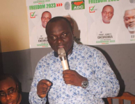 * Professor James Okoroma, ADC Governorship Candidate in Imo State addressing his supporters.