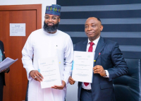 L-R: Executive Vice Chairman/CEO of National Agency for Science and Engineering Infrastructure (NASENI), Mr. Khalil Suleiman Halilu and the Director-General, Bureau of Public Procurement (BPP), Dr. Adebowale Adedokun after the signing of MoU to align efforts and operationalise the 'Nigeria First Policy' on government procurements at BPP office in Abuja on Monday July 28, 2025.