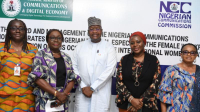 * L-R:  Stella Erebor, Deputy Director, Financial Services; Nnena Ukoha, Head, Corporate Communications; Prof. Umar Garba Danbatta, Executive Vice Chairman/Chief Executive Officer; Hafsat Lawal, Head, Human Capital and Helen Obi, Head, Telecom Laws & Regulation, all of the Nigerian Communications Commission, during the 2023 International Women's Day Celebration at the NCC Head Office in Abuja on Wednesday (March 8, 2023).