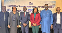 L-R: Executive Secretary, Association of Licensed Telecom Operators of Nigeria, Gbolahan Awonuga; Professor of Telecommunications Engineering, Federal University of Technology, Minna, Prof. Caroline Alenoghena; Executive Commissioner, Technical Services, Nigerian Communications Commission (NCC), Abraham Oshadami; Public Policy Manager, Anglophone West Africa, Meta, Sade Dada; Director, Compliance Monitoring and Enforcement, NCC, Efosa Idehen and President, Association of Telecom Companies of Nigeria, Tony Emoekpere, during a Stakeholders’ Consultative Forum on Emerging Technologies hosted by the Commission in Lagos on Thursday, September 19, 2024. 