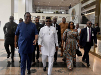 Minister of State for Petroleum Resources (Gas), Hon Ekperikpe Ekpo (middle) with the Executive Secretary of Nigerian Content Development and Monitoring Board (NCDMB), Engr. Felix Omatsola Ogbe (left), inspecting facilities at the Nigerian Content headquarters on Wednesday.