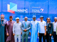 L-R: Managing Director, NNPC Gas Marketing Limited, HRM Justin Ezeala; Representative of the Ogun State Governor and State Commissioner of Environment,  Mr. Ola Oresanya;  Minister of State for Petroleum Resources (Gas), Rt. Hon. Ekperikpe Ekpo; Lagos State Governor,  Babajide Sanwo-Olu; GCEO NNPC Ltd, Mallam Mele Kyari; Executive Vice President,  Gas Power & New Energy, NNPC Ltd, Mr. Olalekan Ogunleye; Executive Vice President Upstream, NNPC Ltd, Mrs. Oritsemeyiwa Eyesan and a guest during the commissioning of 5.2 million standard cubic feet per day (mmscfd) Compressed Natural Gas (CNG) plant in Ilasamaja area of Lagos State, on Thursday.