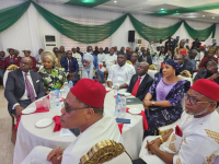Governor Otti and his wife, Mrs. Priscilla Otti, (sitting middle); Sitting, left, Mr. Bolaji Balogun, Ms. Arunma Oteh, His Highness Khaleefa Muhammad Sanusi II, and Deputy Governor Ikechukwu Emetu. Sitting, right are Hon Obi Aguocha, Member representing Ikwuano-Umuahia Federal Constituency and Speaker Abia State House of Assembly, Rt. Hon. Emmanuel Emeruwa, at the formal inauguration of the Abia Global Economic Advisory Council (AGEAC) at the Banquet Hall, Government House, Umuahia, Thursday, January 18, 2024.