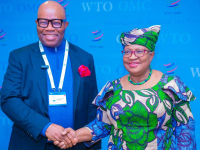 Nigeria's Senate President, Godswill AKPABIO (left) and Dr Ngozi Okonjo-Iweala, Director General WTO, in Geneva, Switzerland.
