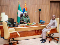 Governor Alex of Otti of Abia State (right) with his host, General Christopher Musa, Nigeria's Chief of Defence Staff (CDS) when Gov Otti paid the CDS a visit at the Army Headquarters, Abuja.