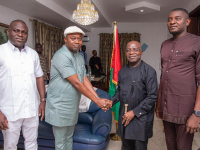 Governor Otti welcomes Hon. Nwogu and Hon. Ahuama, former YPP members to Labour Party. Standing right, the Majority Leader of Abia State House of Assembly, Hon. Uchenna Okoro.